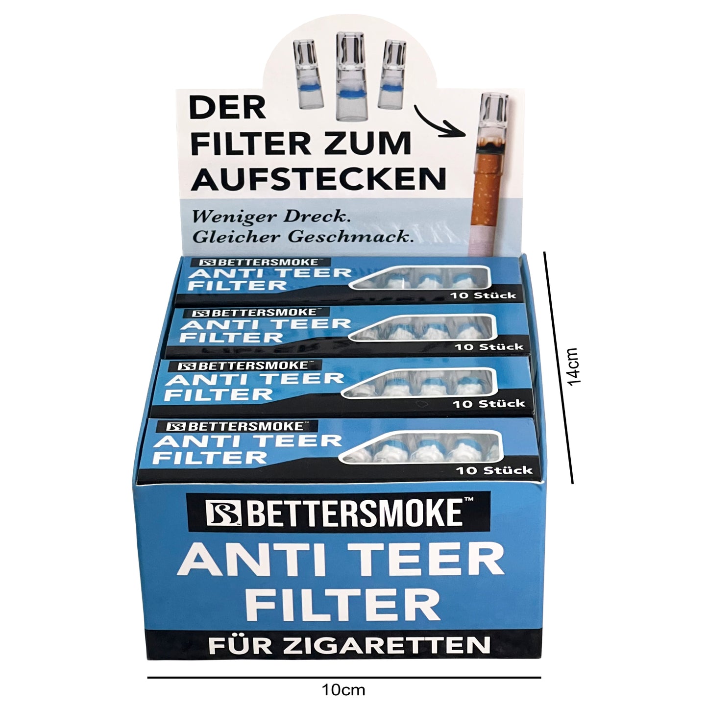 Display mit 20x „Anti Teer Filter 10er Packung“